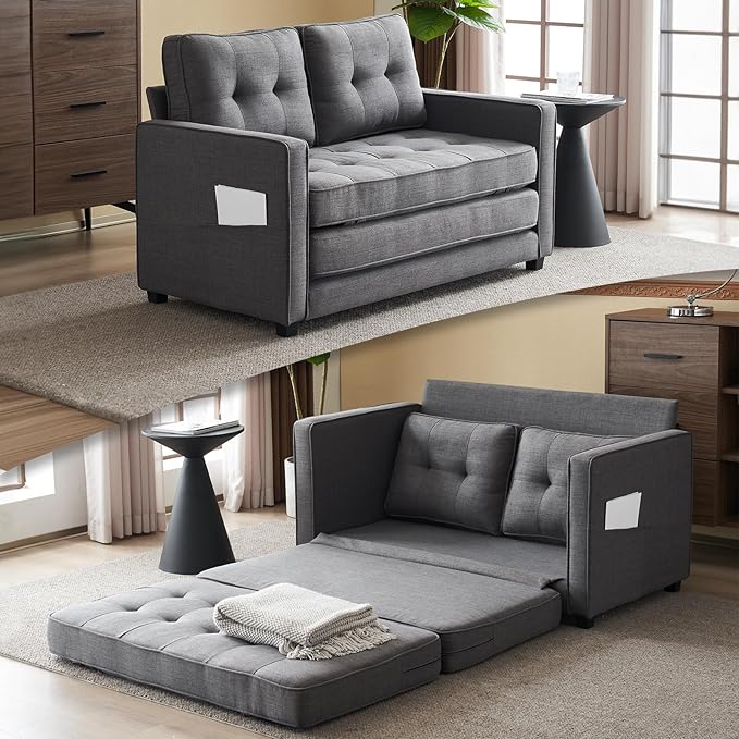 VINGLUpgraded Loveseat Sleeper, 53.5" W 83" L Convertible Sofa Bed Couch Futon Couches for Living Room, Twin Folding Couch Bed for Small Spaces, Foldable Floor Gaming Sofa Bed for Basement, Dark Grey