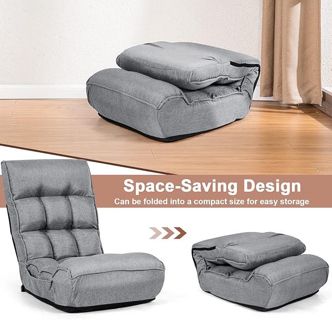 MAT EXPERT Folding Floor Chair, Floor Gaming Chair w/ 4-Position Backrest, 5-Position Adjustable Headrest, Side Pocket, Indoor Floor Chair w/Back Support for Bedroom, Living Room (Grey)