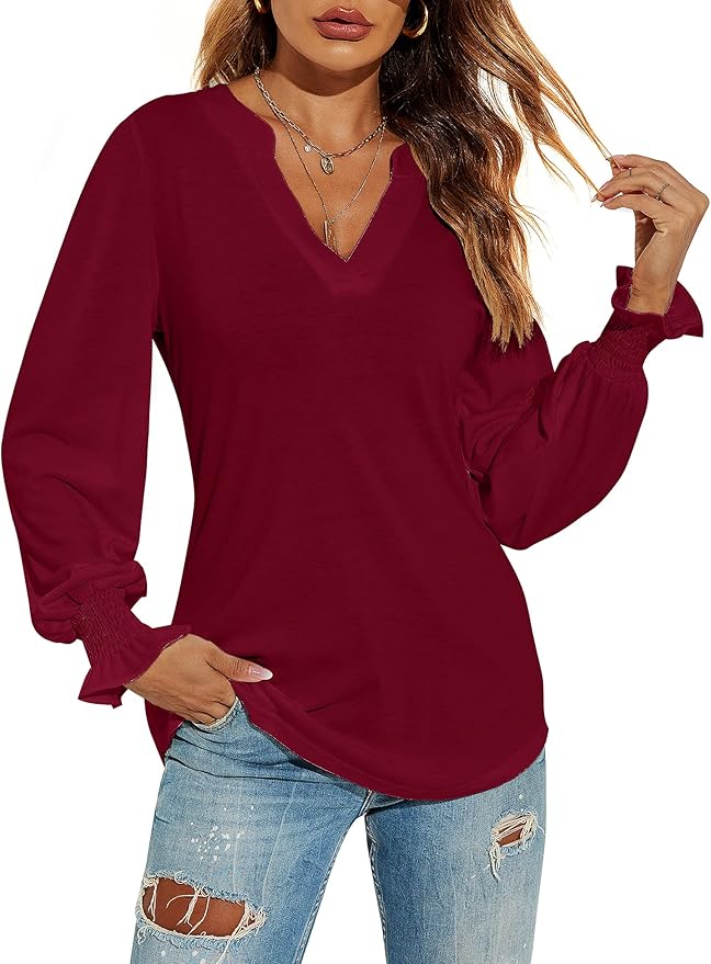 Romanstii Women's Casual V-Neck T-Shirts Loose Puff Long Sleeve Tops Tunic Blouses