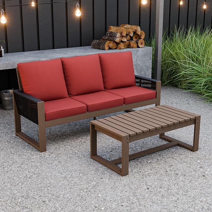 INTER HUT Rustic Hideaway Natural Cedar Wood Outdoor Furniture Set, Wicker Patio Conversation Set for Porch Garden Backyard, Couch and Coffee Table, 2 Piece, Brownish/Red