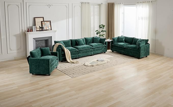 SoarFlash 149.61" Chenille Sectional Sofa, Comfy U Shaped Modular Coush Sofa with Ottoman, Modern 4 Seat Couch Deep Seat Sofa Set for Living Room,Green