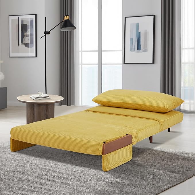 CITTANEO 42" Convertible Sleeper Chair, 3-in-1 Chair Bed Sleeper for Adults with Adjustable Backrest, Pillow & Wooden Arms, Loveseat Sofa Bed for Apartment, Office, Mustard Yellow