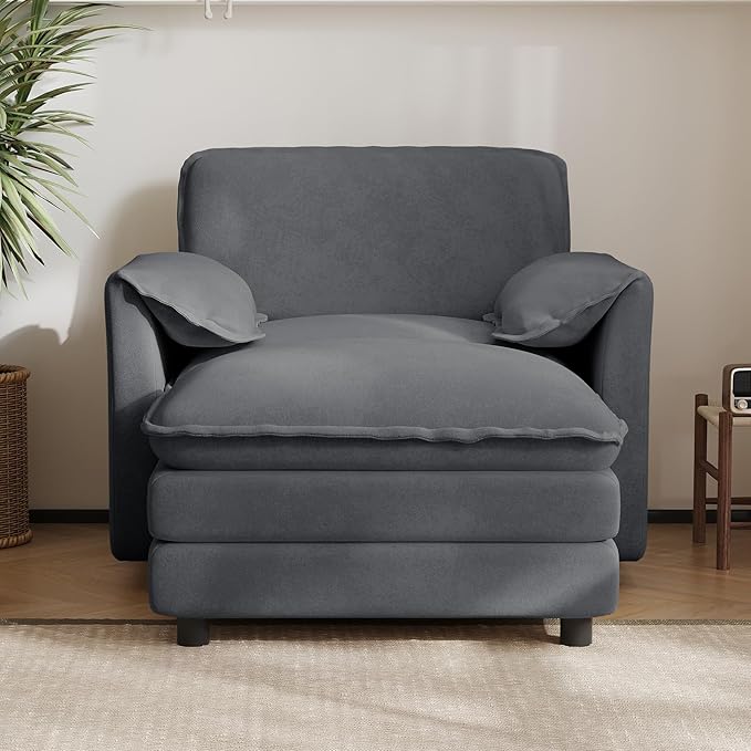 DAMAIFROM Oversized Chaise Lounge Chair Indoor with Ottoman, Firm Solid Wood Frame with Long Service Life Chenille Oversized Lounge Reading Chair for Study Room - Grey
