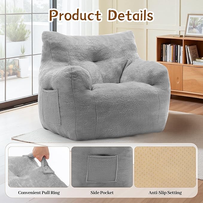 Bean Bag Chair for Adults and Kids, Small Comfy Beanbag Lounge Floor Sofa Reading Chair with Armrests, Mini Cloud Sofa for Living Room, Bedroom and Game Rooms, Plush Chair with Memory Foam