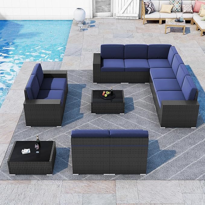 LayinSun 12 Pieces Patio Furniture Set, Black Rattan Modular Sectional Outdoor Conversation Sofa Set