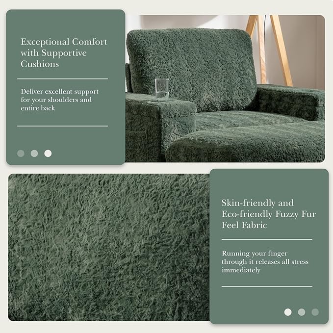 Merax Oversized Sleeper Chair with Storage Armrest & Ottoman, Cup Holders, Cloud Upholstered Chaise Lounge Recliner, Deep Seat Reading Couch Sofa Bed for Living Room Bedroom, Antique Green