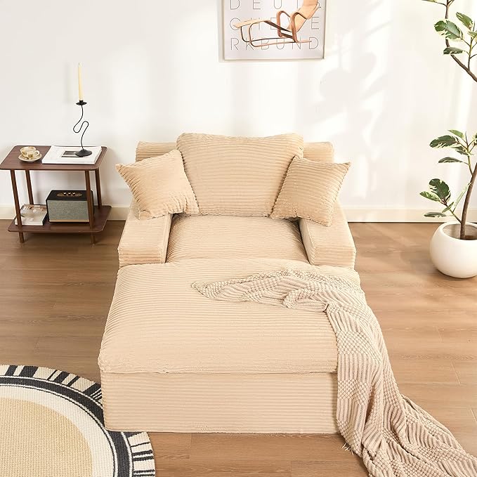 63" Oversized Boneless Chaise Lounge Chair, Extra Cloud Layer, Convertible Sleeper Sofa Couch with Removable Pillows & Side Pockets, Corduroy Upholstered Sofa Bed with Armrests for Living Room, Camel