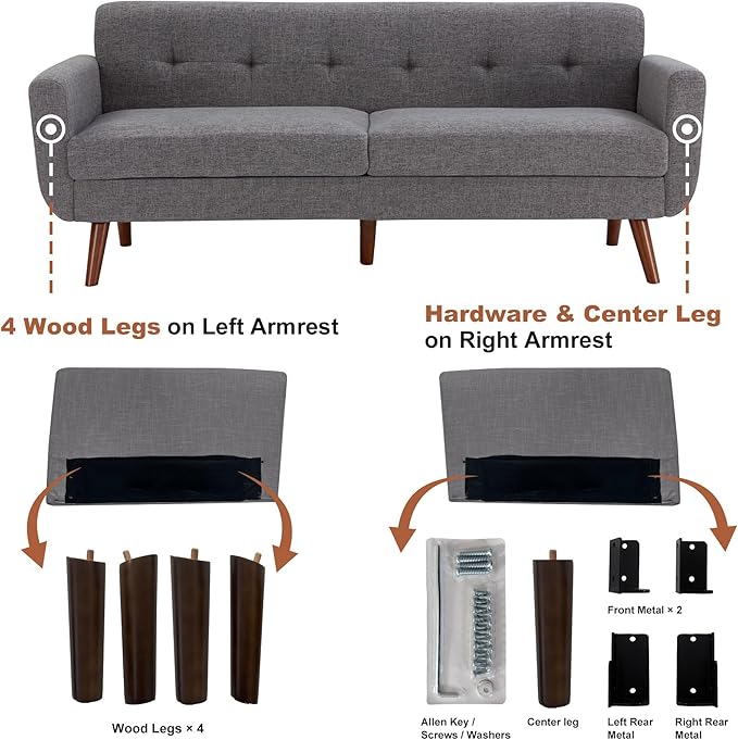 Tbfit 77.2" W Linen Sofa Couch, Mid Century Modern Decor Loveseat Couches for Living Room, Button Tufted Upholstered Small Couch for Bedroom, Solid, and Easy to Install Love Seats Furniture, Grey | linen fabric, button tufted, solid wood foot, pocket s...