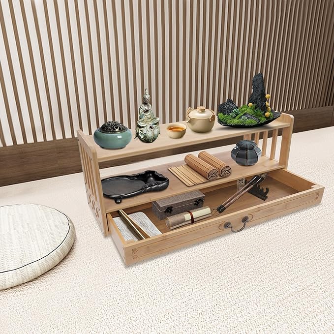 Floor Table Low 2-Tier Meditation Altar Table with Drawers Bamboo Coffee Table Desktop Organizer for Japanese Tatami Chinese Asia, Prayers, Displaying Jars/Plants/Books-27.2*9.8*11in (Nature Color)