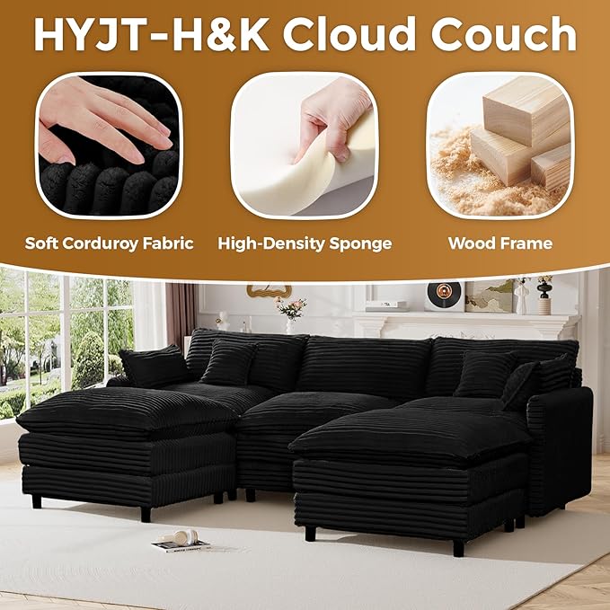 HYJT-H&K 108" U Shaped Cloud Couch Modular Black Sectional Couches for Living Room, Comfy Fluffy Corduroy Oversized Cloud Sectional Couch Large 5 Seat Sectionals Sofa Set, Black