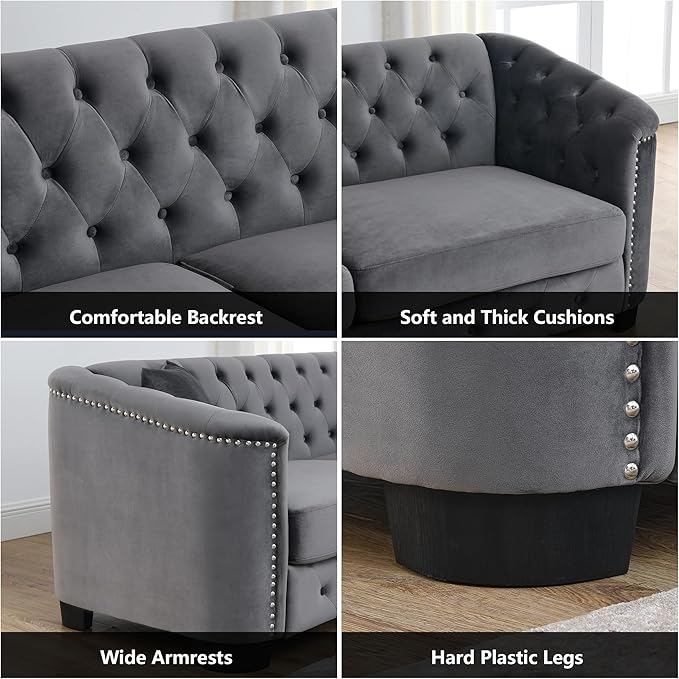 mikibama Modern Chesterfield Velvet Sofa, 77 Inch Sectional Sofa, Luxury 3 Seater Upholstered Tufted Couch with Nailhead Arms and 2 Pillows for Living Room, Bedroom, Apartment(Grey)