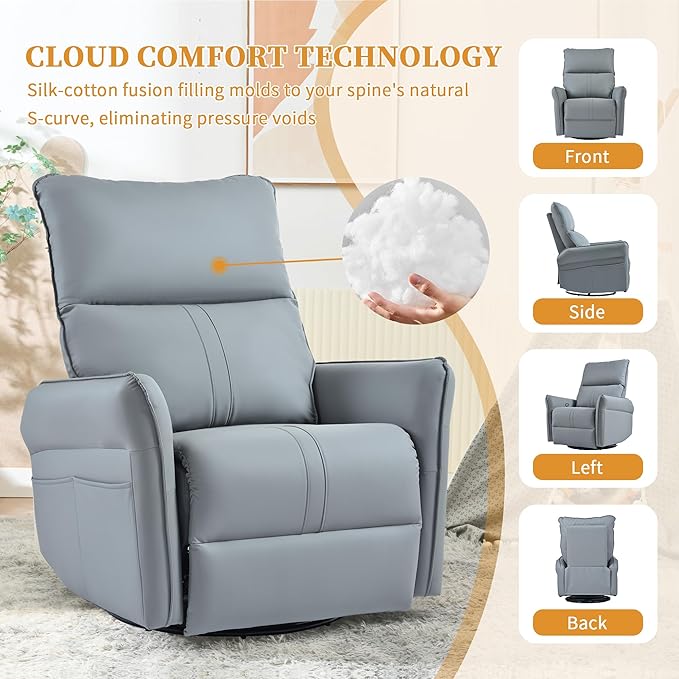 QKFF Glider Chair for Nursery, 360° Swivel Rocker Recliner with Side Pocket, Leather Manual Rocking Chair for Living Room, Bedroom, Small Spaces