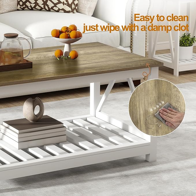 UYIHOME Farmhouse Coffee Table for Living Room, 2-Tier Rectangular Wooden Centre Cocktail Table with Slats Shelf Storage and V-Shaped Frame (Walnut Top)