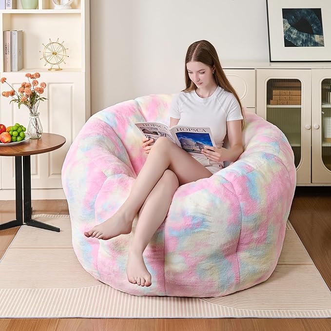 Giant Bean Bag Chair, Faux Fur Adults Beanbag with Petal Armrest Oversize Colorful Chair for Teens Bedroom, Living Room, Dorm, Game - Rainbow, X-Large, High Support