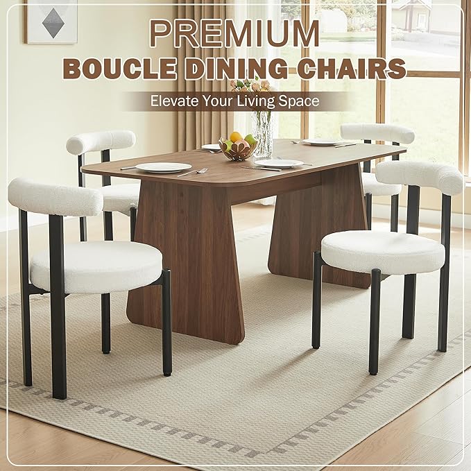 Kiztir Dining Chairs Set of 4, Modern Boucle Dining Chairs with Curved Backrest and Black Metal Legs, Upholstered Teddy Dining Room Chairs for Kitchen, Living Room, Bedroom (Beige)