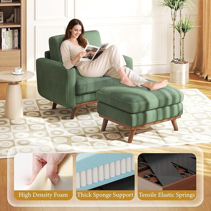 Vesgantti 38.5" Accent Chair with Movable Ottoman, Comfy Corduroy Armchair with Spring Cushion, Reading Chair with Ottoman, Modern Single Sofa for Living Room, Bedroom and Apartment, Green