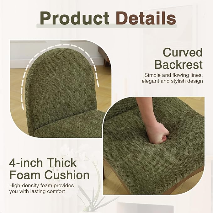 HNY Mid Century Modern Dining Chairs Set of 2, Chenille Upholstered Dining Room Chairs Armless Kitchen Chairs with Solid Rubberwood Legs, Accent Side Chairs for Living Room, Green