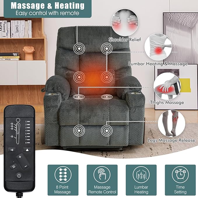 CDCASA Oversized Dual Motor Lay Flat Power Lift Recliner Chair with Massage, Heat Textile Infinite Position Large Recliner Chairs for Big Men & Elderly, Lumbar Pillow, USB & Type-C Ports,2PCS, Grey