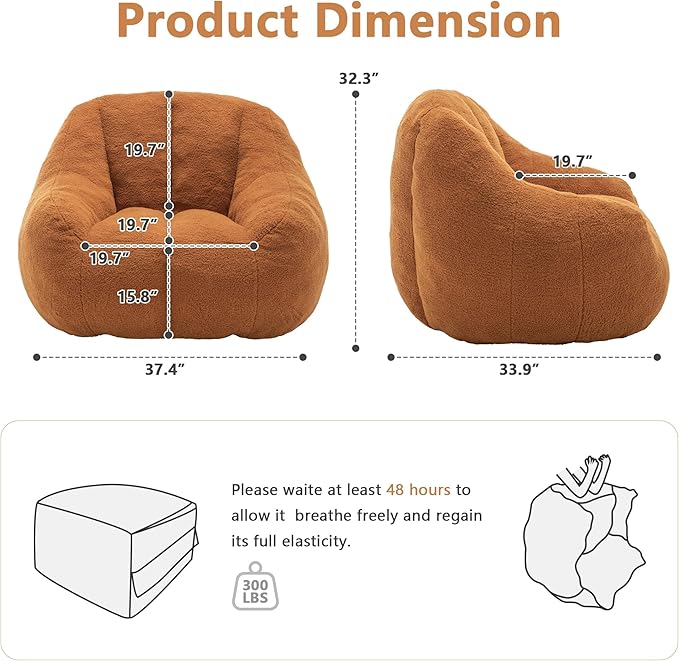Setawix Bean Bag Chair with Filler, Comfy Teddy Bean Bag Chairs for Adults and Kids, Cozy BeanBag Sofa Fully Floor Couch with Memory Foam for Living Room Bedroom,Yellow