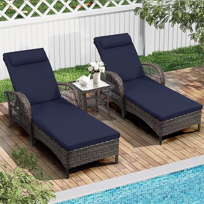 WINGTU 3 Piece Patio Chaise Lounge Set, Outdoor Patio Furniture Modern Lounge Chairs Set of 2 with Side Table & 6-Position Adjustable Backrest, Durable PE Wicker, Weather Resistant Cushions, Navy Blue