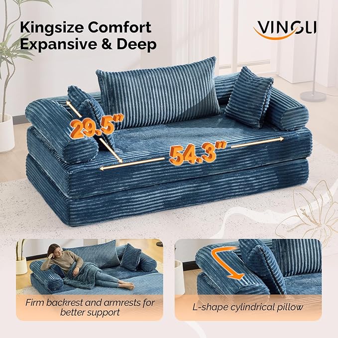 VINGLI Convertible Futon Sofa Bed, Upholstered Corduroy Boneless Couch King Size Floor Loveseat Sleeper Sofa with 2-in-1 Throw Pillow, Couches for Living Room, Bedroom, Lounge, Navy Blue