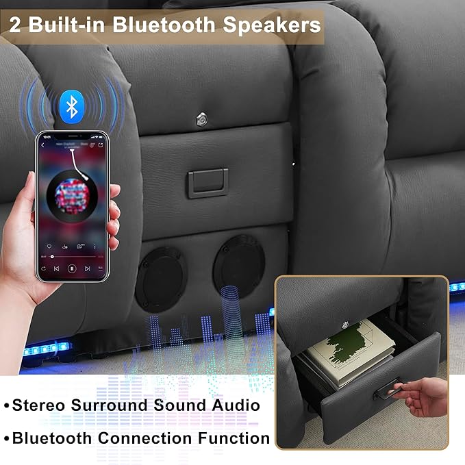 URRED Loveseat Recliner Sofa with Massage and Heat, Power Reclining Loveseat Sofa RV Couch with Console, Home Theater Seating with LED Lights, Bluetooth Speakers, USB, Outlets, Leathaire Gray