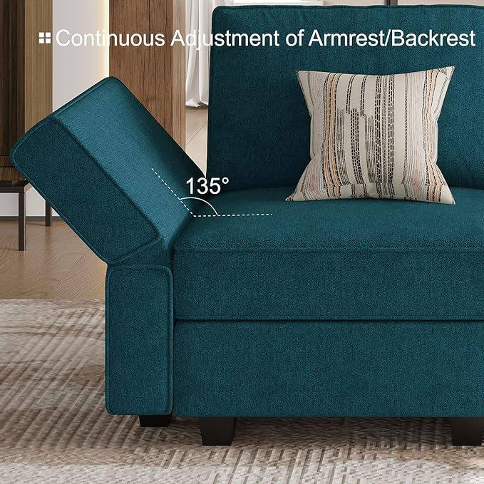 Bellfin Modular Sectional Sleeper Sofa Convertible Sofas with Storage Ottomans Small Sectional Couches for Living Room. Peacock Blue Couch