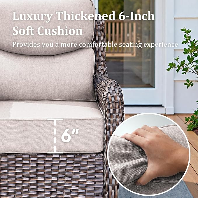3 Pieces Patio Sofa Set with 6" Thick Cushions, High Back Wicker Sectional Outdoor Sofa with Ottomans, Outdoor Seating Furniture High Back Conversation Set for Balcony Deck Porch Backyard, Brown/Beige