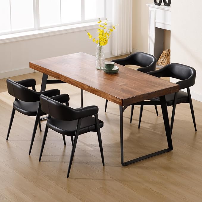 Wahson Black Leather Dining Chairs Set of 4 with Black Metal Legs, Mid Century Modern Kitchen Chairs with Curved Backrest, Accent Low Back Armset Chairs for Dining Room/Kitchen/Bar