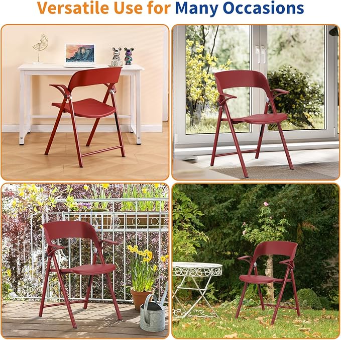 Office Chair Adjustable Arms, Plastic Folding Chairs for Outside, Collapsible Dining Chairs, Portable Foldable Chair for Indoor, Outdoor, Wedding, Party, Office, Balcony, Garden (Red, 2Pack)
