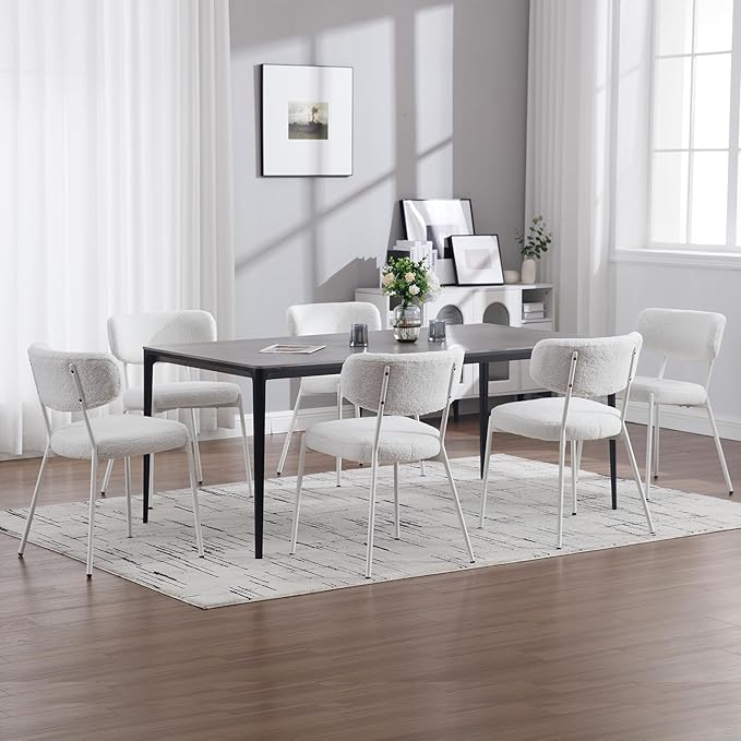 KCC Boucle Dining Chairs Set of 4, Modern Mid-Century Upholstered Stylish Kitchen Chairs Sherpa Accent Diner Chairs with Metal Legs and Curved Back for Kitchen, Dining Room(White)