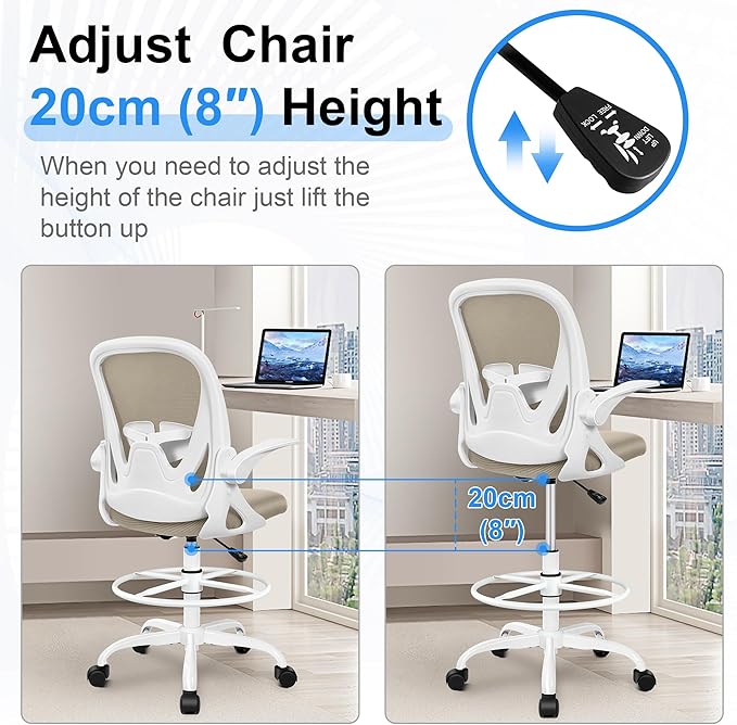 Primy Drafting Chair Tall Office Chair with Flip-up Armrests Executive Ergonomic Computer Standing Desk Chair with Lumbar Support and Adjustable Footrest Ring（Khaki）