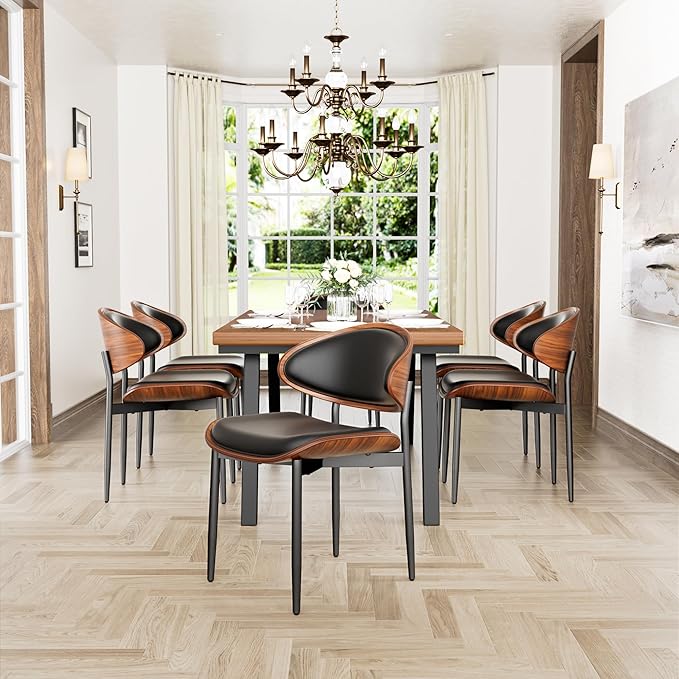 YaFiti Dining Chairs Set of 8, Dining Room and Kitchen Chairs, Mid Century Modern Retro Chair, Upholstered PU Leather Chairs for Vanity with Walnut Bentwood and Metal Legs (Black)