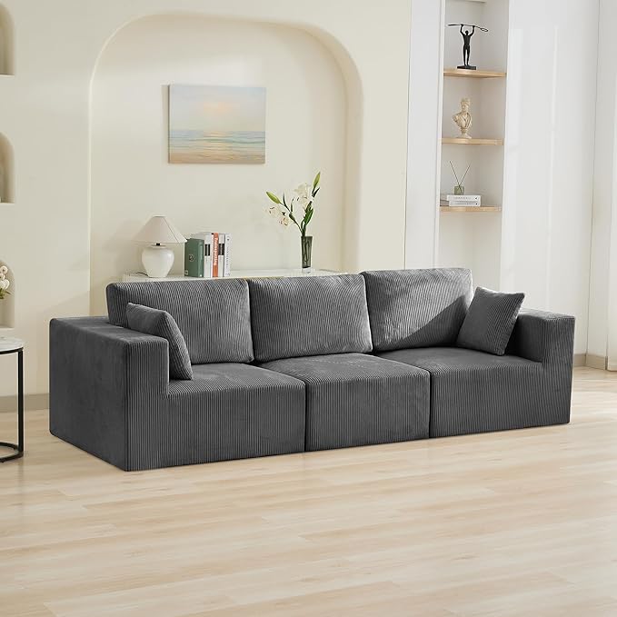 115'' Comfy Boneless Couch, Upholstered Deep Seat Modular Cloud Sofa, No Assembly Corduroy Compression 3 Seater Sofa Couch for Living Room, Grey