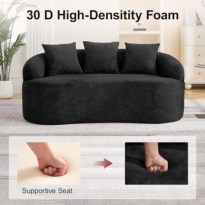 Abbrevi 65" Curved Loveseat Sofa, Deep Seat Love Seat Couches with 3 Throw Pillows, Modern 2 Seater Boneless Curved Couch, Compressed Floor Sofa for Living Room Small Spaces, No Assembly, Black