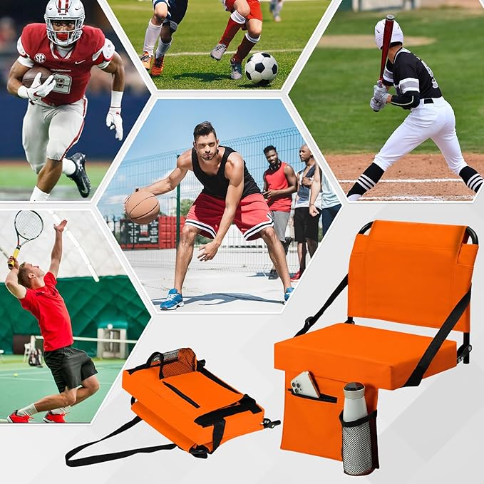 2pcs Stadium Seat for Bleachers with Back Support，Portable Bleacher Chairs with Back and Cushion，Includes Shoulder Strap and Cup Holder