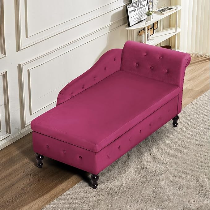 ACMEASE Upholstered Chaise Lounge with Right Armrest & Lumbar Pillow,Button Tufted Lounge Sofa with Storage,Lounge Chair Indoor,Modern Velvet Lounge Chair for Bedroom, Living Room and Office,Fuchsia