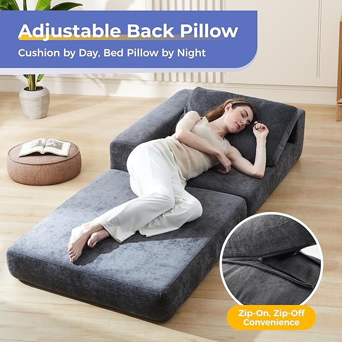 8" Thick Freestanding Folding Sofa Bed for Adults,Convertible L-Shaped Sleeper Chair with Right Armrest and Pillow,Lazy Couch for Living Room/Bedroom/Guest Use/Home Office/Apartment