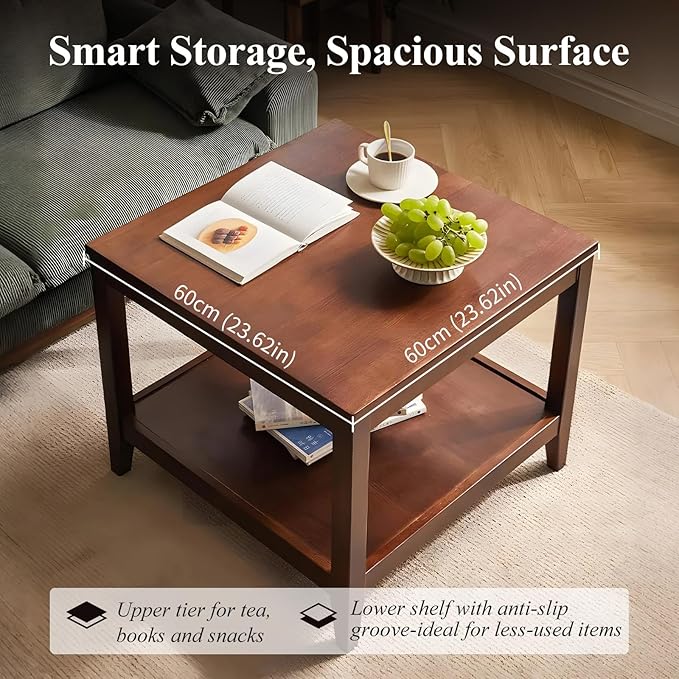 Cttasty Side Table, Solid Wood Square End Table with Storage Shelf, 2-Tier Coffee Table for Living Room, Rubber Wood Small Sofa Table, Nightstand 23.62 H x 23.62 W x 23.62 D Inches (Walnut)