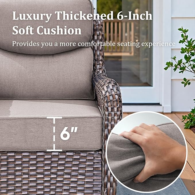 Pugire 3 Pieces Patio Furniture Sofa Set with 6" Thick Cushions, High Back Wicker Sectional Outdoor Sofa with Ottoman, Outdoor Conversation Set for Balcony Deck Porch Backyard, Brown/Grey