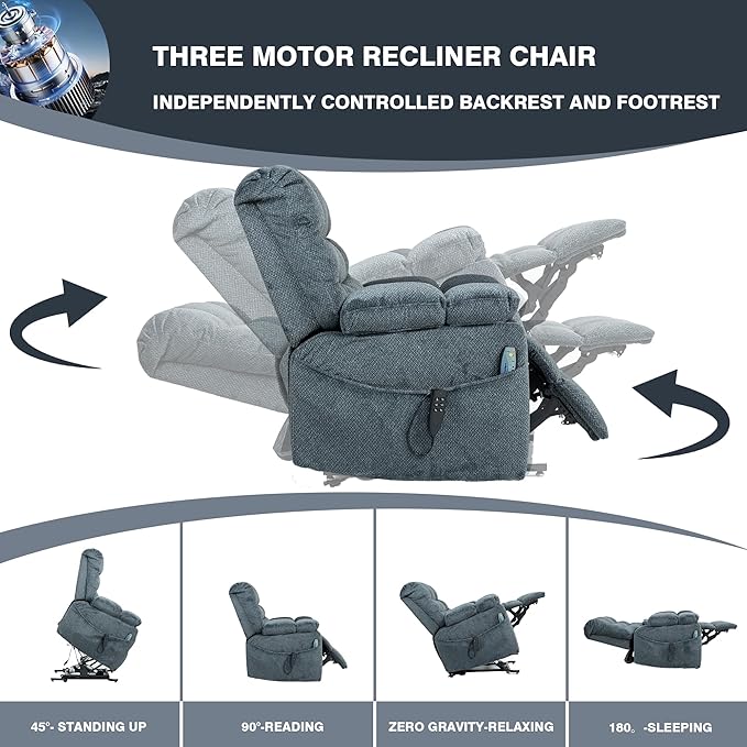Lift Recliner Chairs with Heat and Massage for Elderly, Zero Gravity, Big Man Recliners 400lbs, Triple Motor, Power Lift Recliner Chair with Storage Cup Holders for Adults, Sleeping, Blue