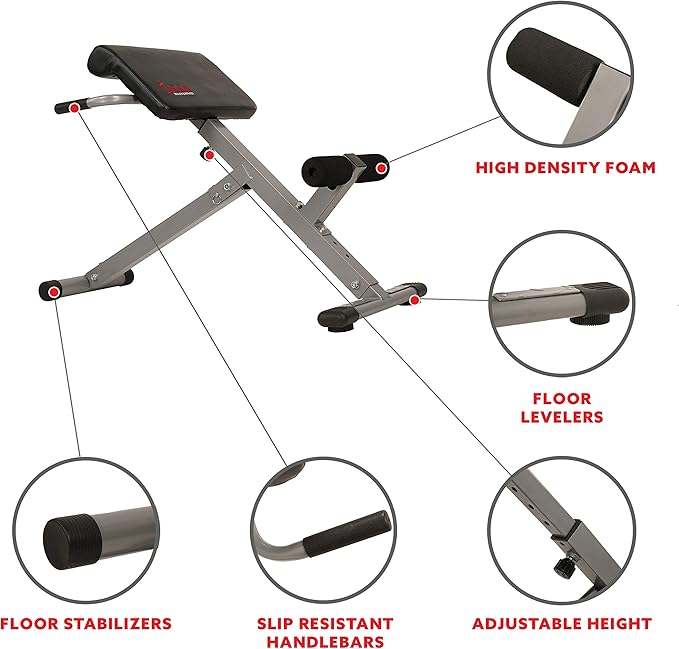 Sunny Health & Fitness Foldable Hyperextension Roman Chair w/Back Extension, Home Gym Sit Up Bench for Glute & Ab Workouts, Optional Adjustment Incline & Multi-Function Heavy-Duty Exercise Equipment