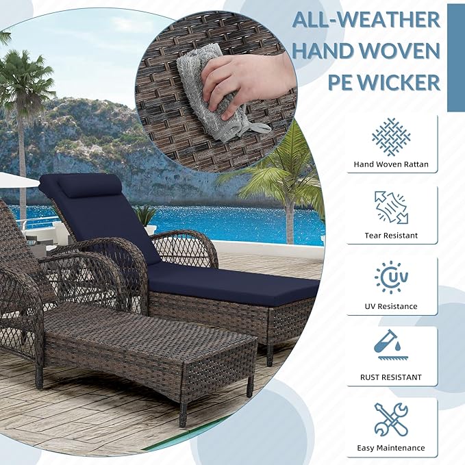 WINGTU Outdoor Chaise Lounge Chair, PE Wicker Long Recliner Patio Lounge Chair with Cushion, 6-Position Patio Reclining Sun Lounger with Adjustable Backrest for Poolside, Armrest & Pillow, Navy Blue