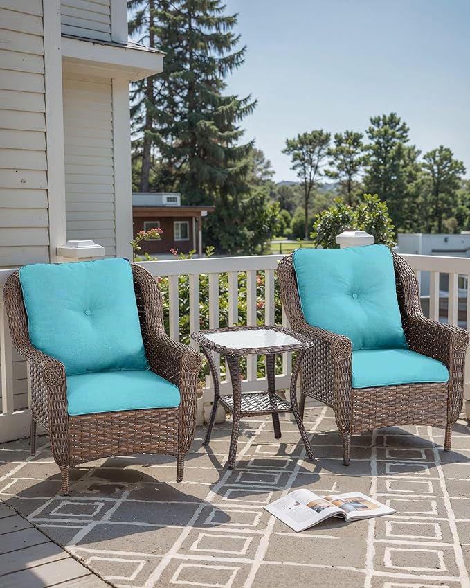 ACTREST 3 Piece Patio Brown Wicker Chairs with Side Table - Outdoor High Back Heavy Duty All-Weather Lawn Dining Rattan Chair Conversation Bistro Set for Deck Porch Balcony Backyard Garden - Turquoise