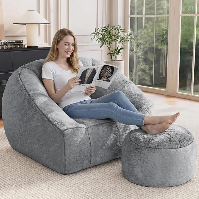 Bean Bag Chairs with Ottoman for Adults, Comfy Beanbag Chair with High-Resilience Foam, Oversized Bean Bag Sofa with Soft Faux Fur Fabric, Bean Bag Chair for Living Room,Bedroom,Dark Grey