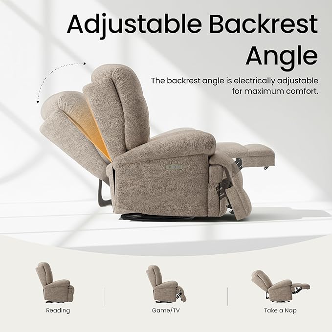COLAMY Floren Power Swivel Recliner Chair with USB & Type-c Charge,Oversized and Padded Upholstered Deep Seat and Armrest，Rocking Recliner with Double Storage Pockets,Coffee