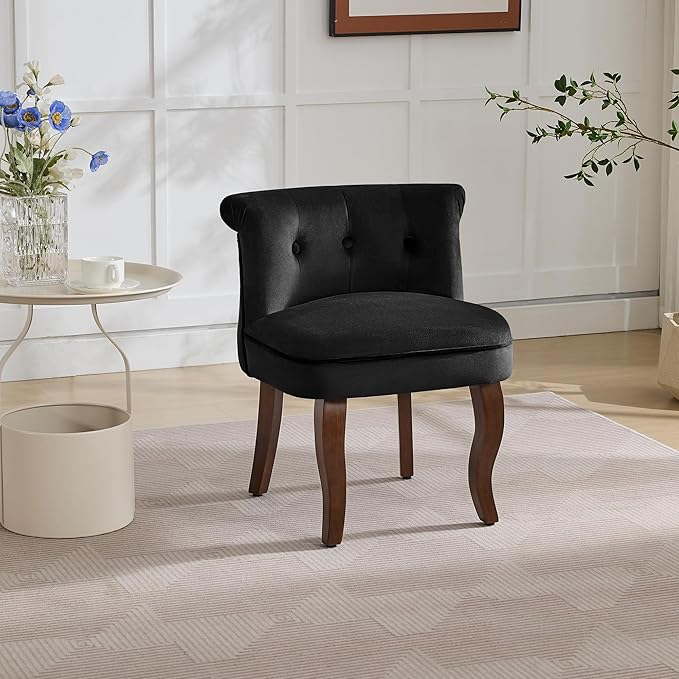 WUTUTUEE Velvet Vanity Chair with Solid Wood Legs, Tufted Upholstered Vanity Stool with Back, Mid Century Small Makeup Accent Chair for Bedroom, Living Room, Black