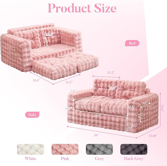 Hobestluk Sofa Couch Loveseat Sofa with Bubble Fabric 2-Seater Sofa for Small Spaces Comfortable Foam Floor Sofa 2 in 1 Boneless Couch for Living Room Bedroom Apartment or Office (Pink, Loveseat)
