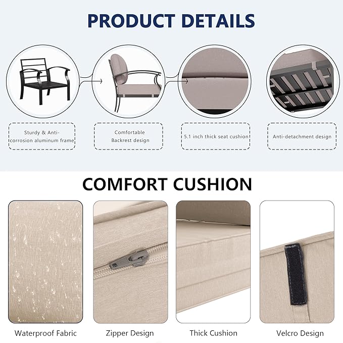 RTDTD Aluminum Outdoor Patio Furniture Set,5 Pieces 7 Seats Patio Conversation Sets with 2 Swivel Rocking Chairs,Metal Patio Sectional Furniture Set with 5.1" Thickened Cushions,Sand