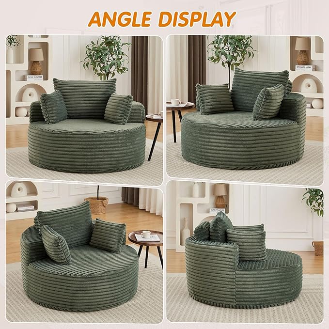 50"W Oversized Round Chaise Lounge Chair Indoor, Upholstered Corduroy Deep Seat Cloud Circle Sofa Chair, Modern Fluffy Comfy Floor Reading Armchair for Living Room, Bedroom, No Assembly Required,Green